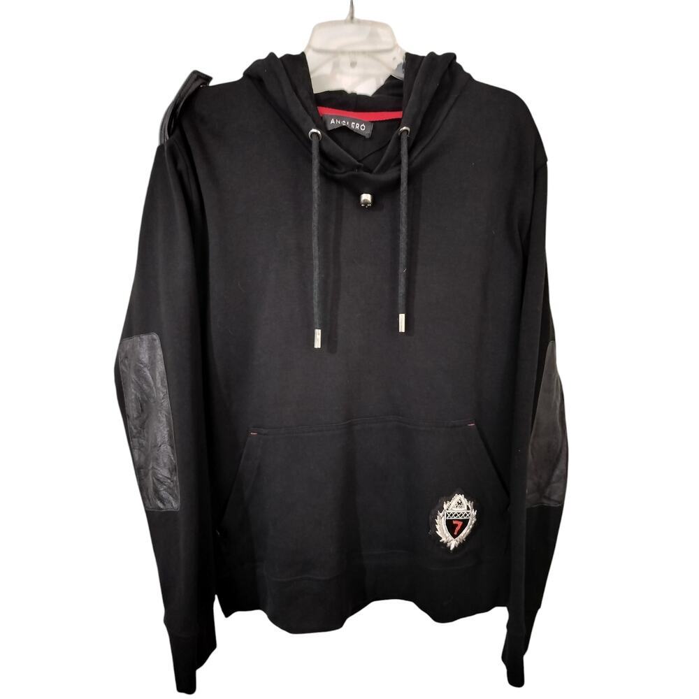 M526) Anglero NY Black Skull Pullover Cotton Leather Trim Hoodie Size XL - Picture 2 of 9